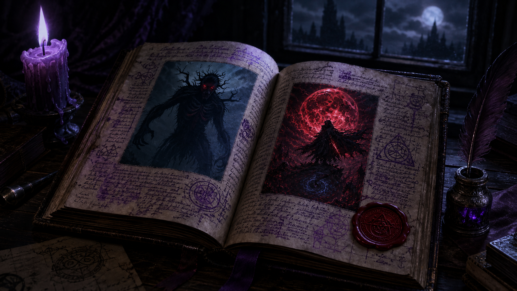 Open dark fantasy hardcover covered in violet ink annotations by candlelight atmospheric BookTok reading desk