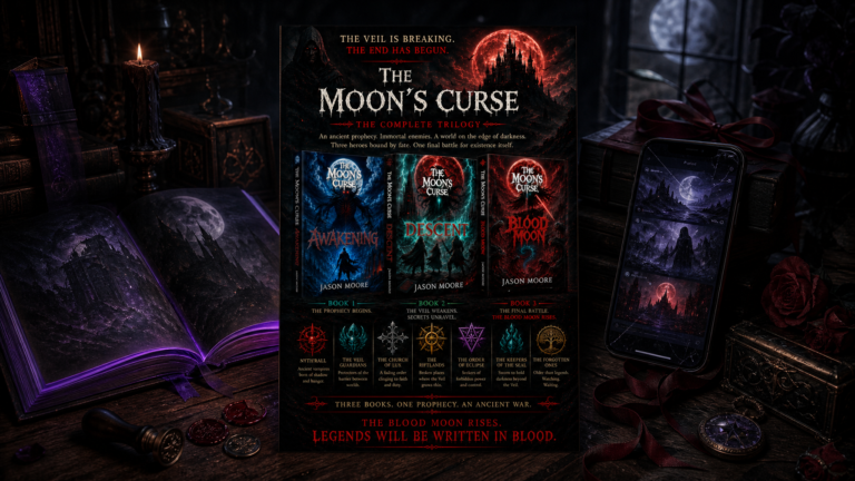 Open dark fantasy book and phone screen on a moonlit desk, BookTok freeze-frames of ridge and shadow