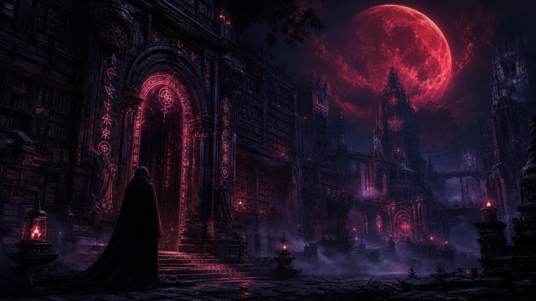 Ancient ruined archive under a blood moon — dark fantasy atmospheric art representing complete dark fantasy series