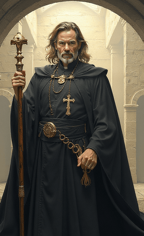 Character portrait of Father Kalen Draemir from The Moon’s Curse dark fantasy trilogy by Jason Moore.