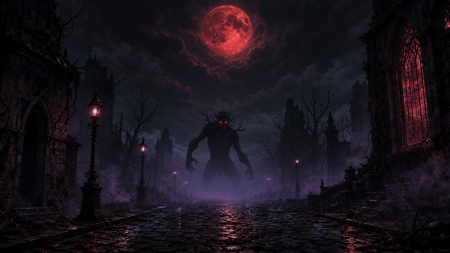Best Horror Fantasy Books When Dark Fantasy Actually Wants to Scare You Londyn Publishing A ruined gothic street under a blood moon with a moon bound shadow figure waiting at the far end of the lane