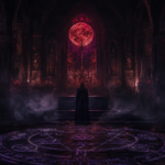 Writing the Priest Who Believed He Was Right The Craft Behind Father Kalen Draemir Londyn Publishing Dark cathedral interior with a robed priest silhouetted at the altar crimson candlelight and violet sigils glowing on the stone floor blood moon visible through a cracked stained glass window