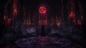Dark cathedral interior with a robed priest silhouetted at the altar crimson candlelight and violet sigils glowing on the stone floor blood moon visible through a cracked stained glass window