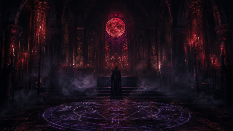 Dark cathedral interior with a robed priest silhouetted at the altar, crimson candlelight and violet sigils glowing on the stone floor, blood moon visible through a cracked stained glass window