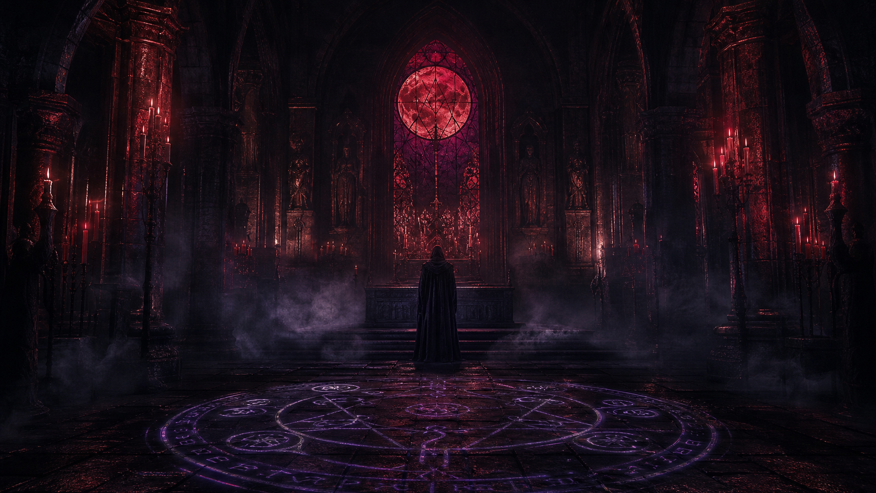 Dark cathedral interior with a robed priest silhouetted at the altar crimson candlelight and violet sigils glowing on the stone floor blood moon visible through a cracked stained glass window