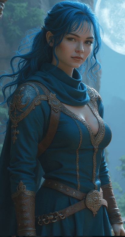 Kaelin Veyra with long blue hair, wearing an ornate blue tunic and leather armor beneath a glowing moon.