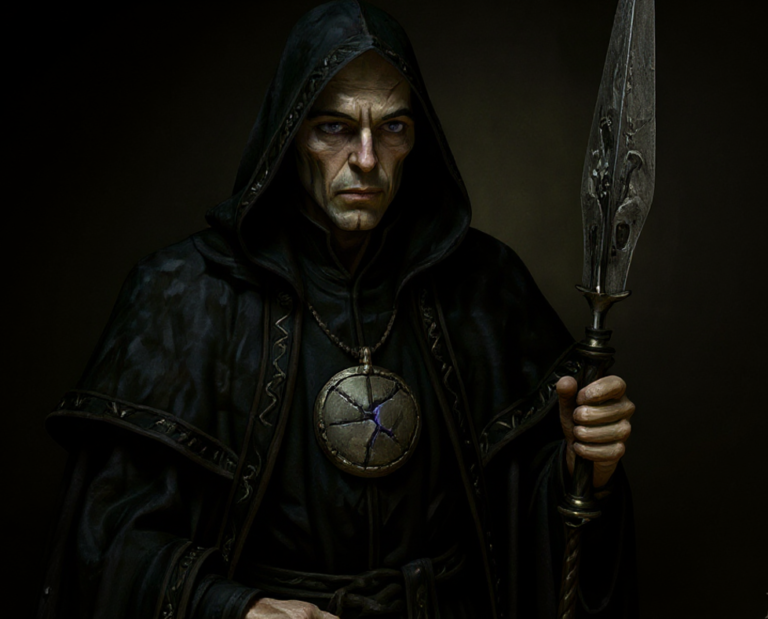 Marrek Caelthorn in black hooded robes, holding an ornate dark spear and wearing a cracked medallion glowing with violet light.