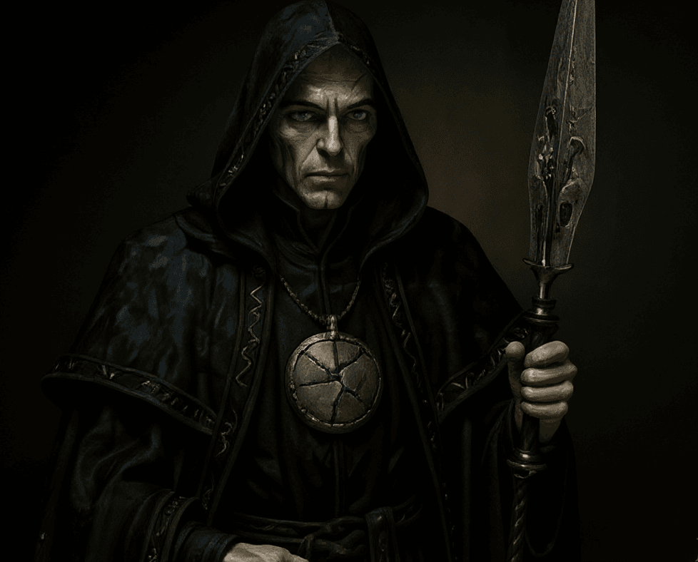 Marrek Caelthorn in black hooded robes holding an ornate dark spear and wearing a cracked medallion glowing with violet light
