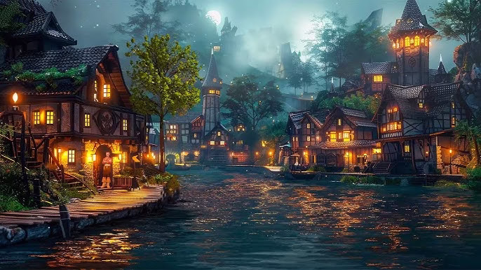 Marrowbrook illuminated by warm lantern light at night, with cottages nestled among the wooded foothills of the Northern Realm.