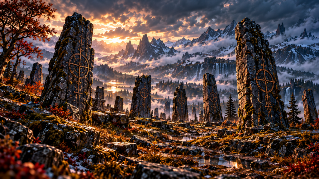 Ancient rune carved stone monoliths stand across a rocky frontier plateau overlooking mist filled valleys waterfalls and distant mountains beneath a stormy sunset