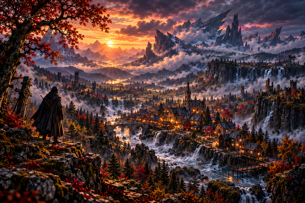 A hooded traveler overlooks a mist filled frontier valley with jagged mountains waterfalls stone bridges and a lantern lit settlement at sunset