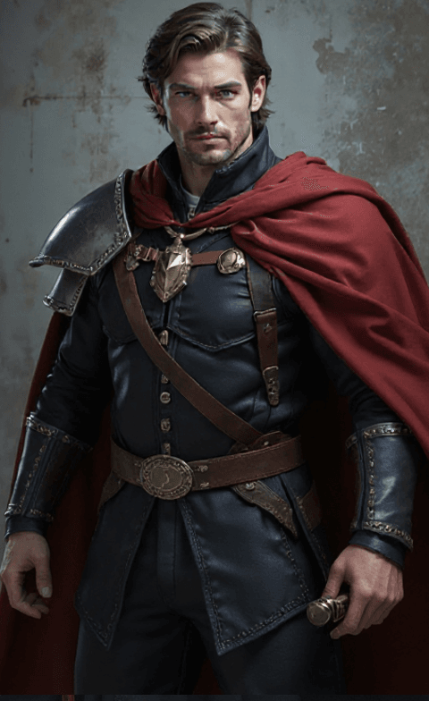 Stefan Allard with dark swept-back hair, blue eyes, black leather armor, a crimson cloak, and a sword at his side.
