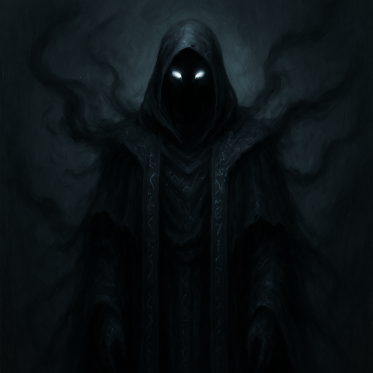 The Keeper, a faceless hooded figure with glowing white eyes emerging from swirling darkness.