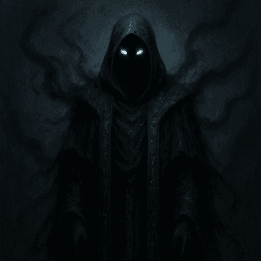 The Keeper a faceless hooded figure with glowing white eyes emerging from swirling darkness