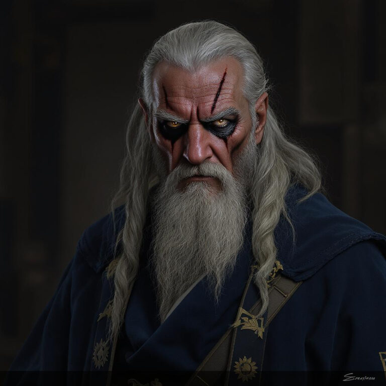 Tolan Greymire with long white hair, a full beard, glowing crimson eyes, dark eye markings, and a scar across his forehead.