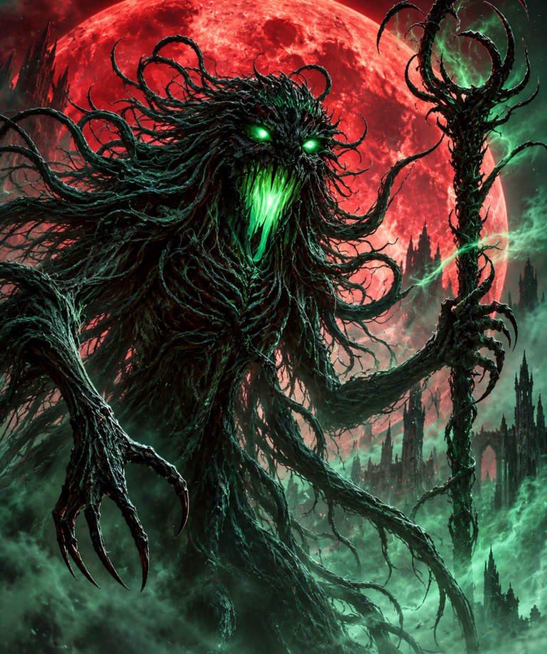 Vorath, a towering shadow creature with glowing green eyes and maw, wielding a twisted staff beneath a blood-red moon.